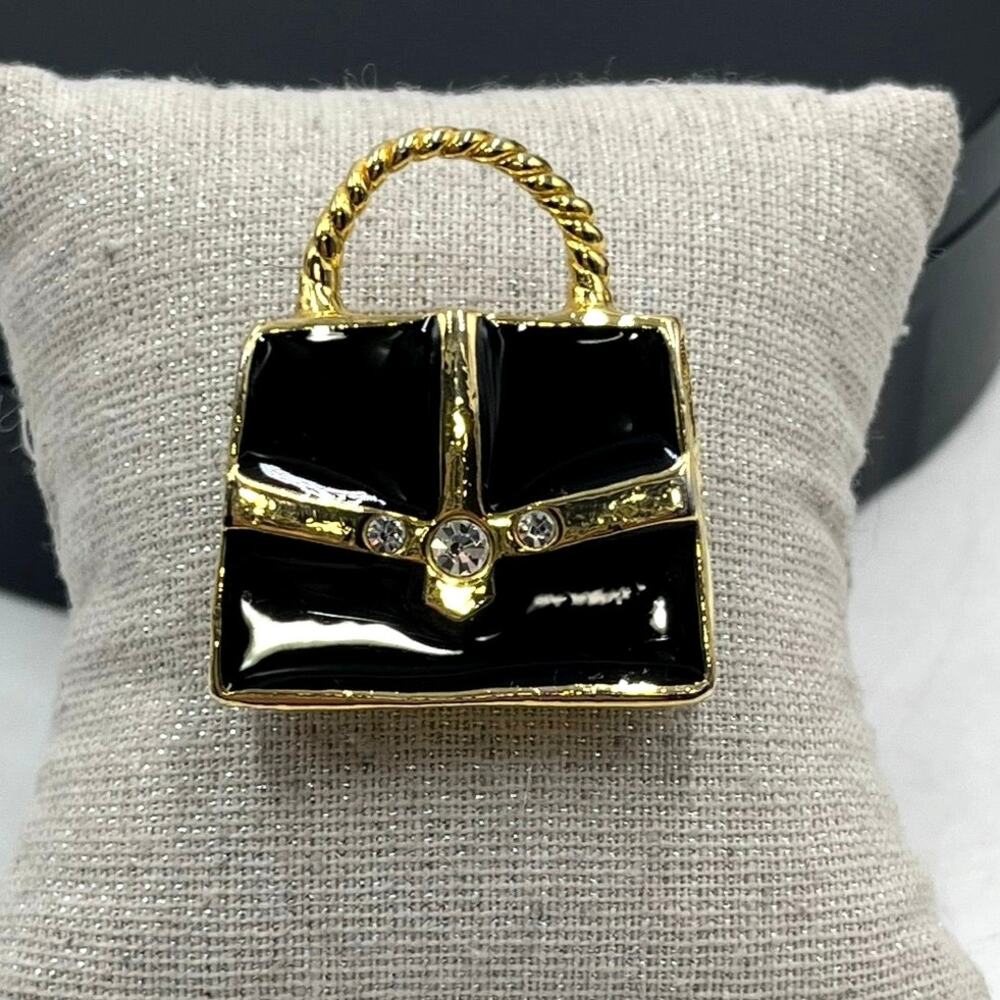Unsigned Black‎ Enamel Rhinestone Gold tone Bag Purse Satchel Brooch